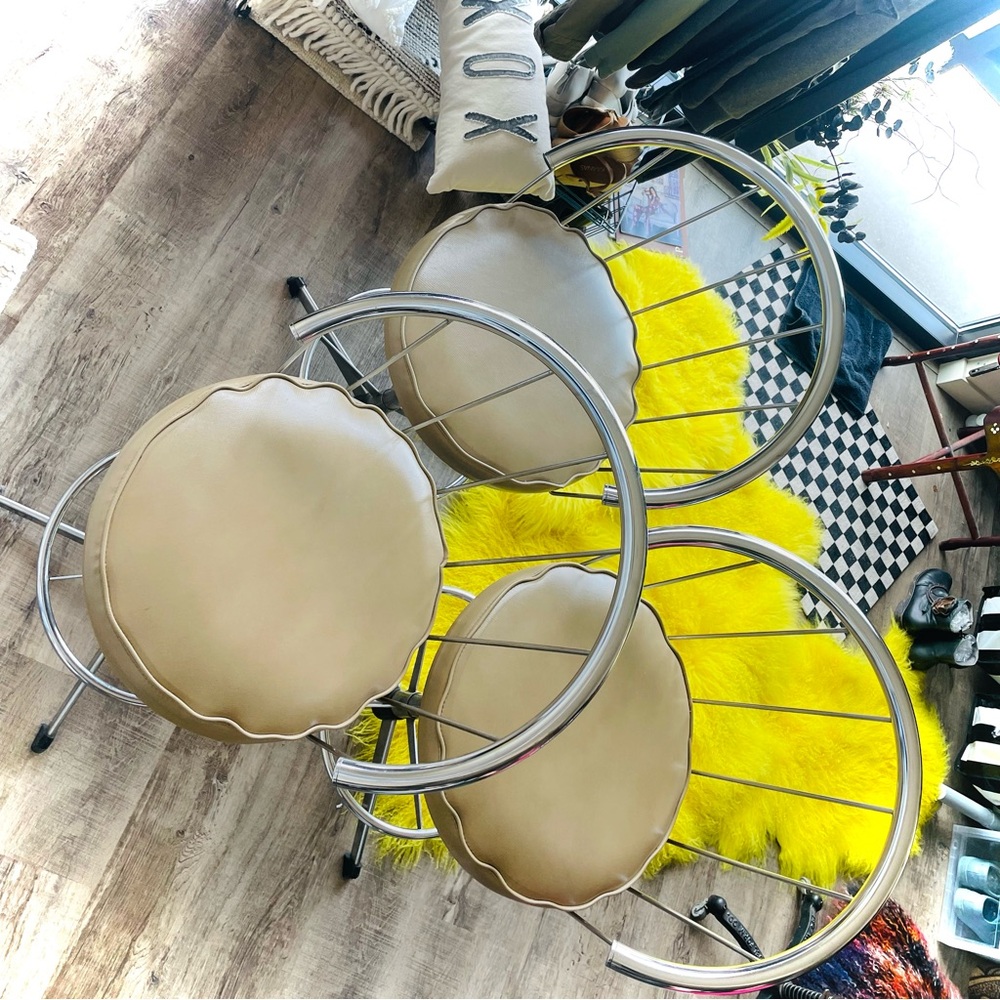 COSCO | Set of 3 | Vintage Modern Chrome Tan Faux Leather Vinyl Counter Stools